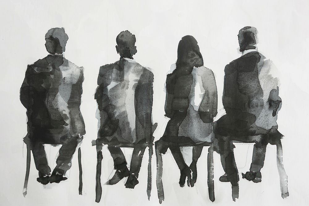 Monochromatic group of businesspeople sitting painting drawing sketch.