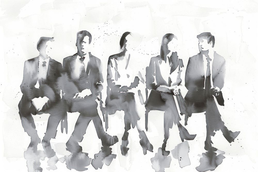 Monochromatic group of businesspeople sitting adult togetherness cooperation.