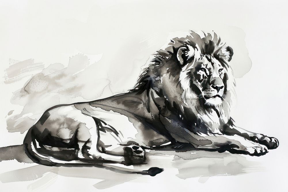 Monochromatic lion laying down painting drawing mammal.
