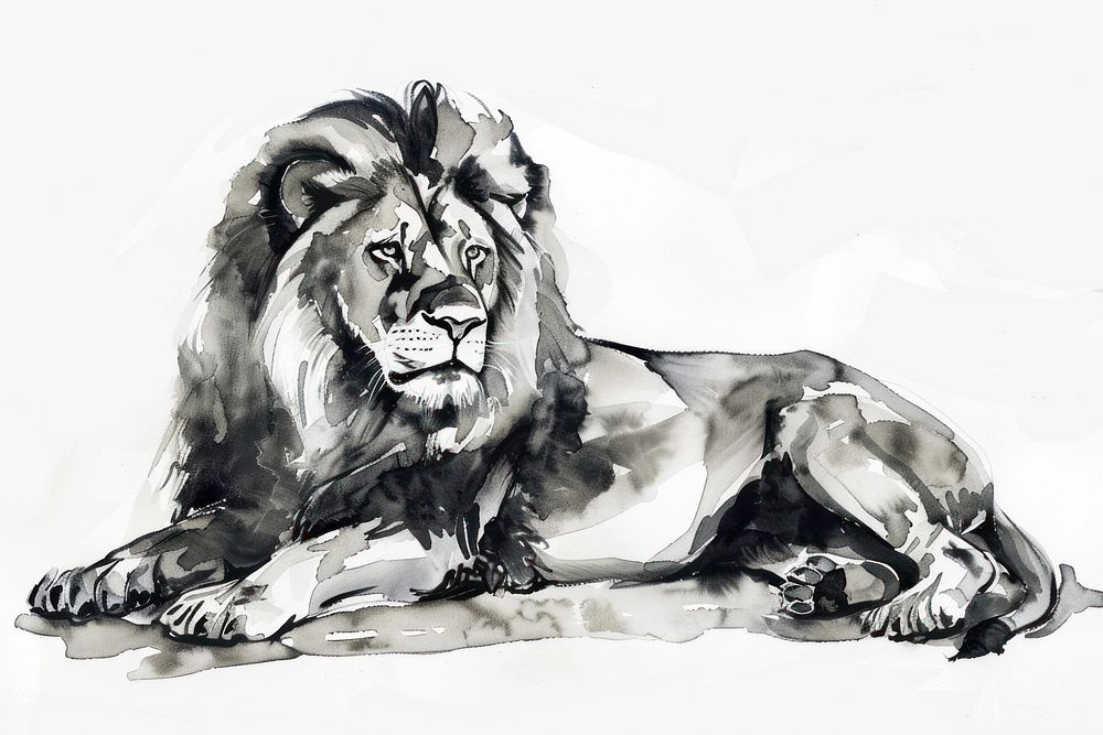 Monochromatic lion laying down drawing mammal animal.