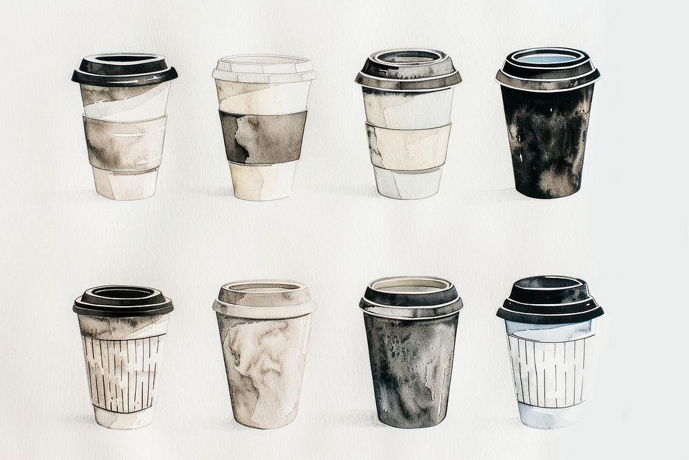 Monochromatic paper coffee cup collection mug refreshment disposable.