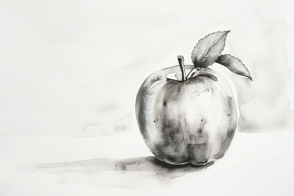 Monochromatic Ripe apple with leaf painting drawing sketch.