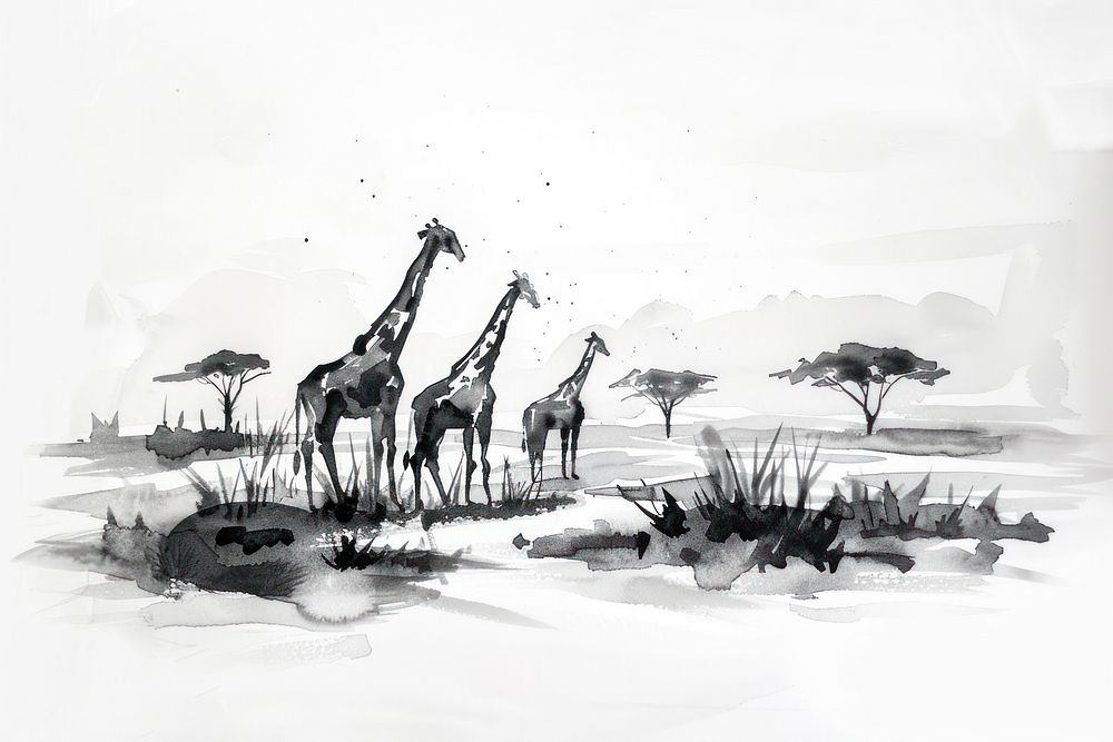 Monochromatic safari wildlife giraffe drawing.