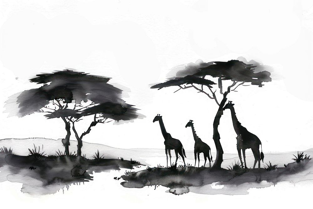 Monochromatic safari silhouette wildlife painting.