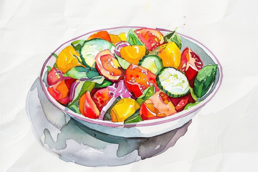 Monochromatic salad painting plate food.