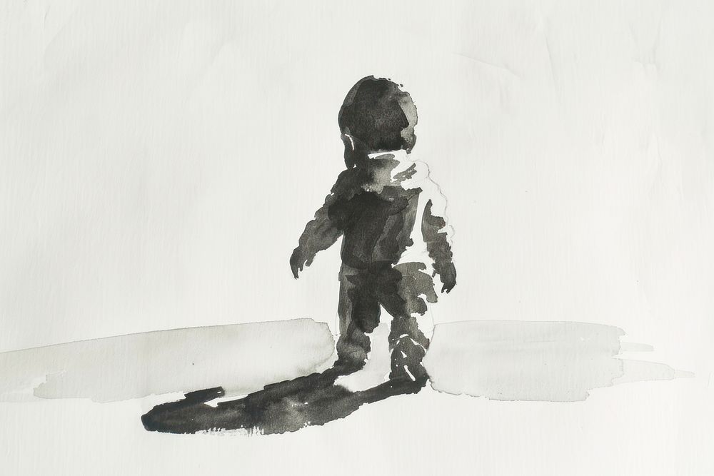 Monochromatic todler trying to walk drawing sketch white.