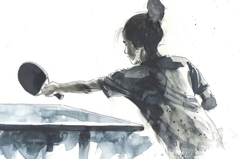 Monochromatic woman playing table tennis painting adult art.