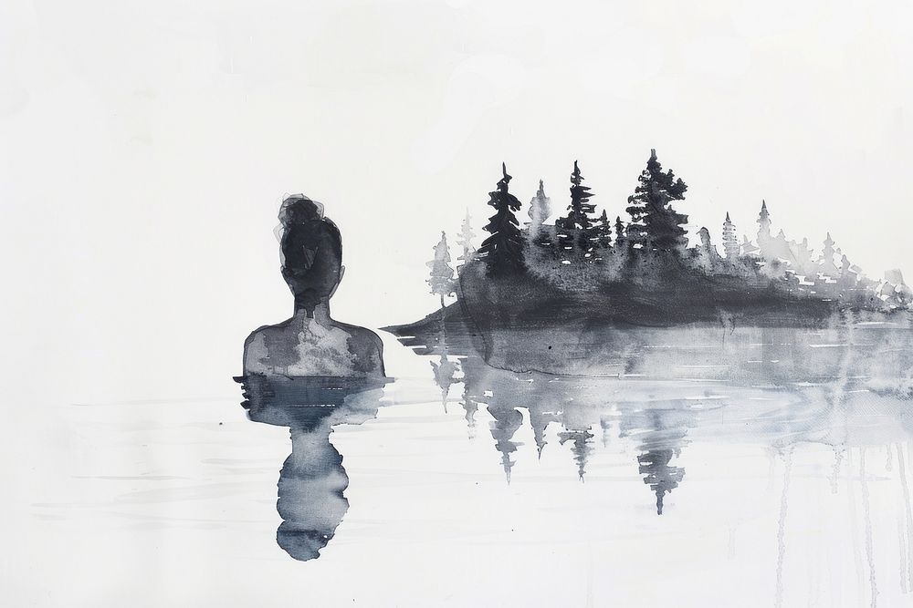 Monochromatic woman smimming at lake painting outdoors drawing.