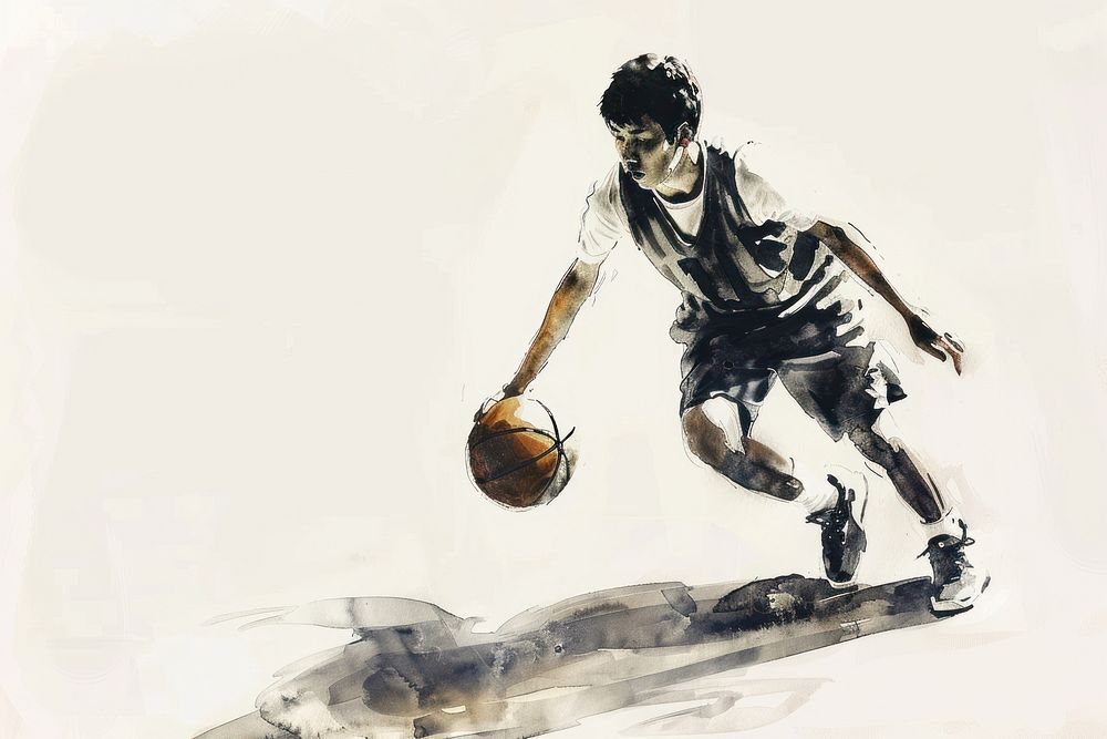 Monochromatic young asian man playing basketball sports competition exercising.