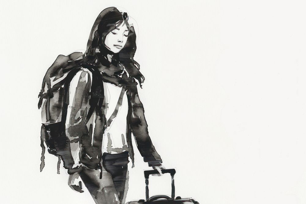 Monochromatic young asian woman with luggage drawing sketch adult.