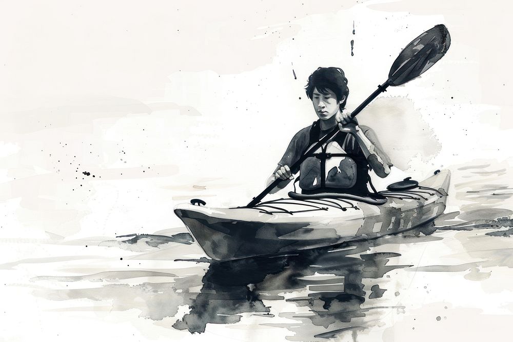 Monochromatic young asian man paddling kayak recreation kayaking vehicle.