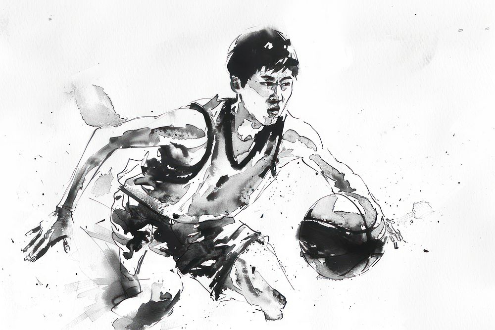 Monochromatic young asian man playing basketball drawing sketch adult.