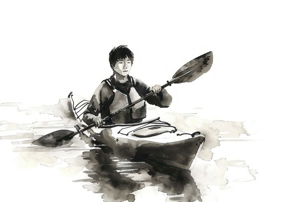 Monochromatic young asian man paddling kayak kayaking vehicle sports.