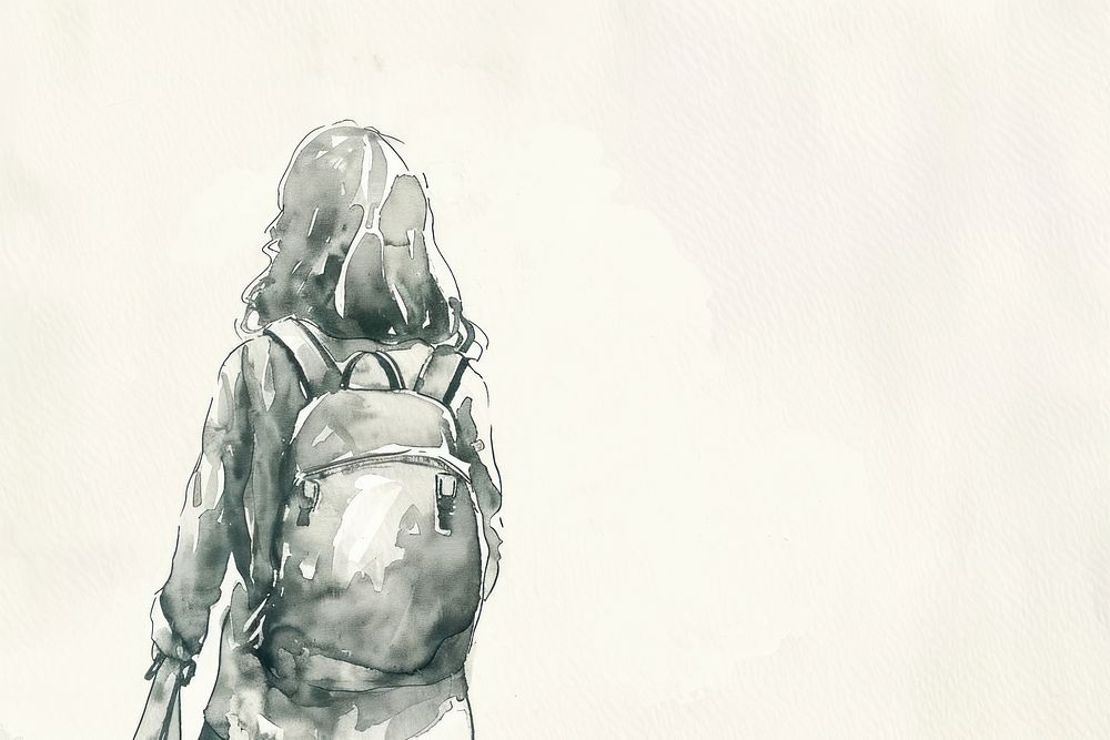 Monochromatic young girl wearing a backpack drawing sketch bag.