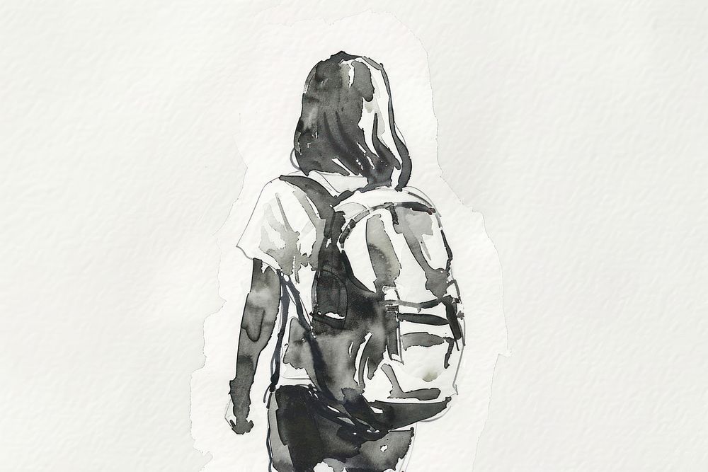 Monochromatic young girl wearing a backpack drawing sketch white.
