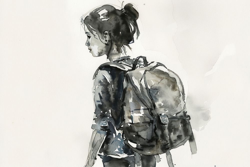 Monochromatic young girl wearing a backpack painting drawing sketch.