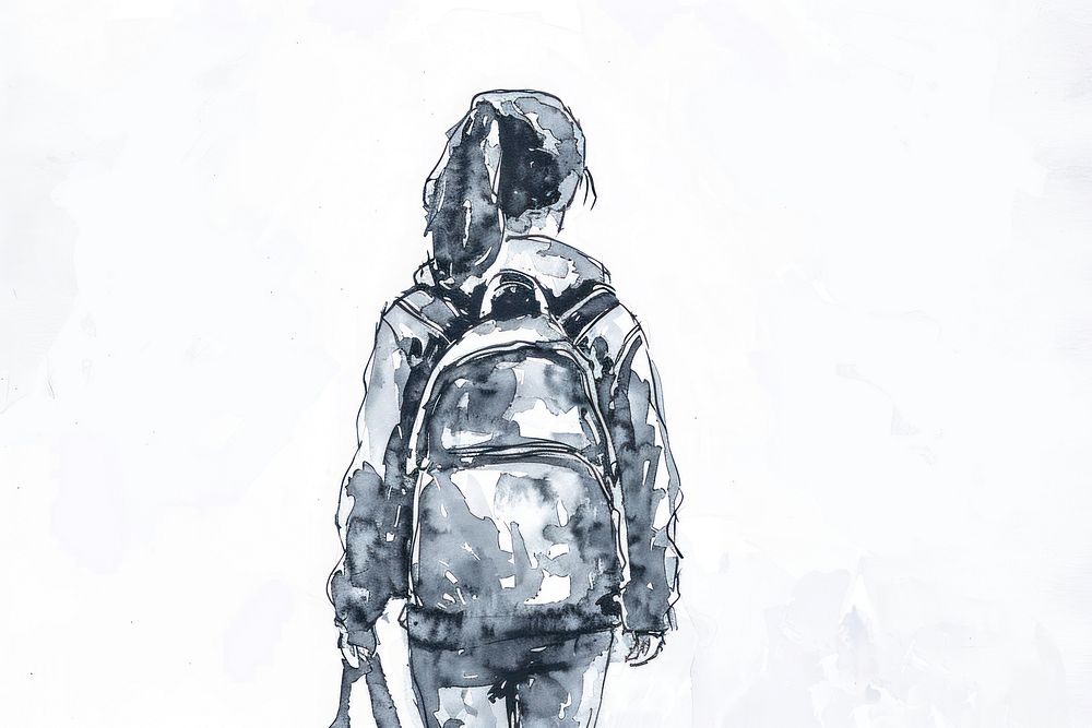 Monochromatic young girl wearing a backpack drawing sketch white.
