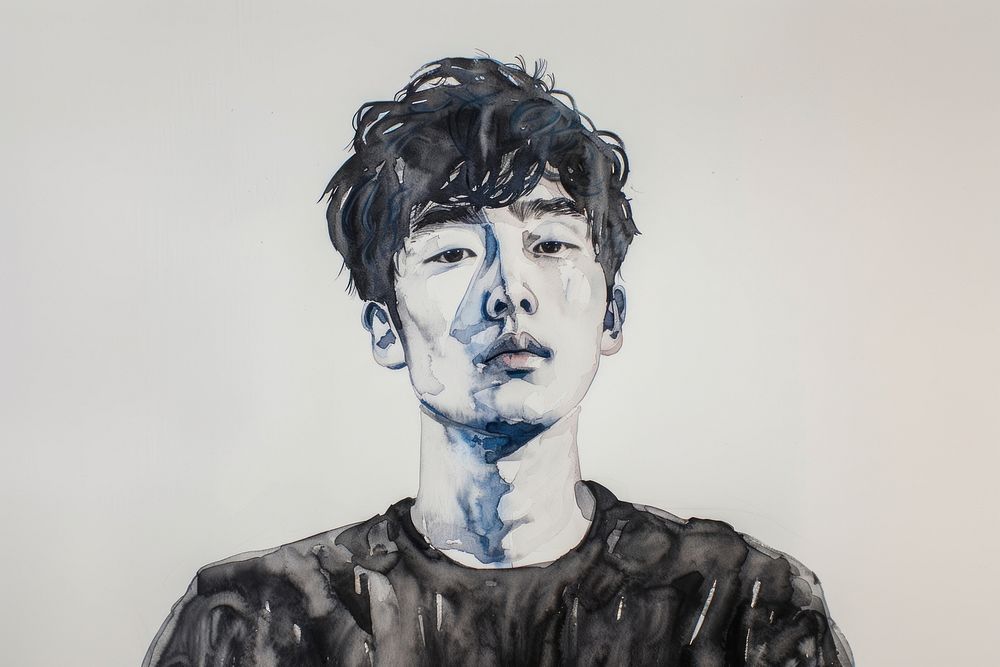 Monochromatic young korean man painting portrait drawing.