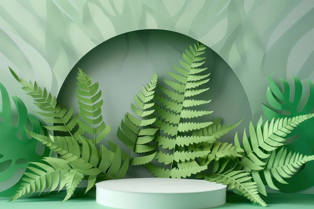 Fern with podium backdrop plant green leaf.