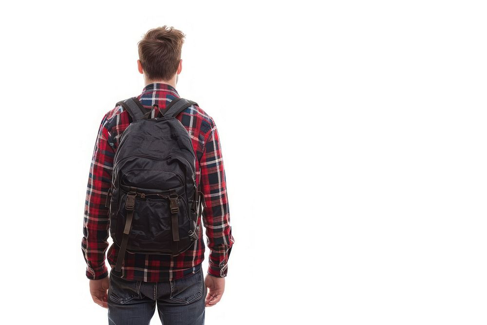 Man wearing a backpack adult bag white background.