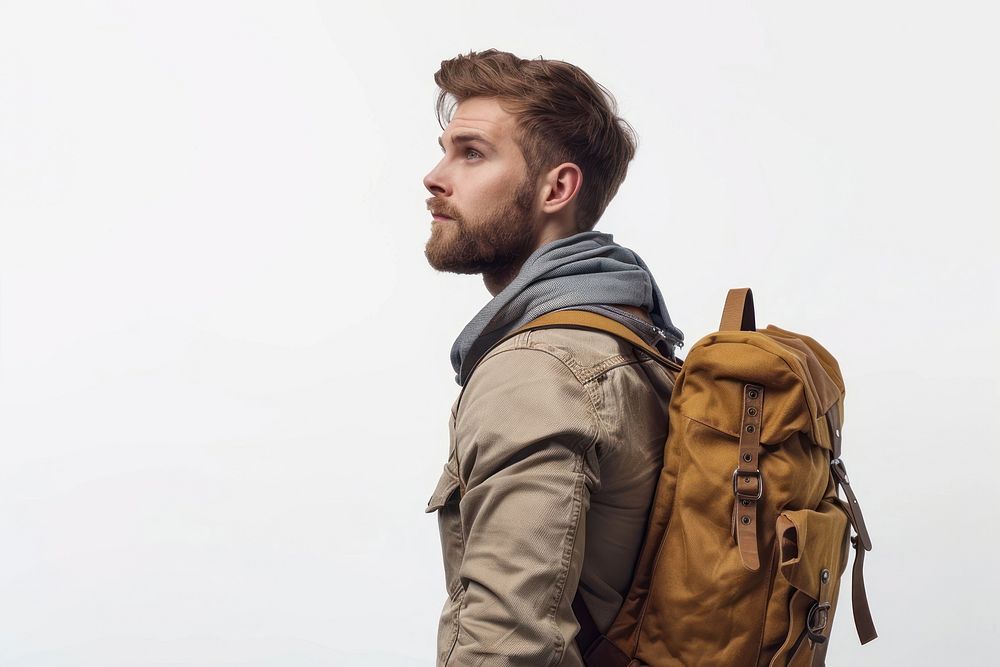 Man wearing a backpack adult white background backpacking.