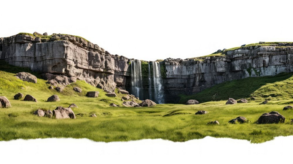 PNG Rocky cliff water fall grass wilderness landscape.