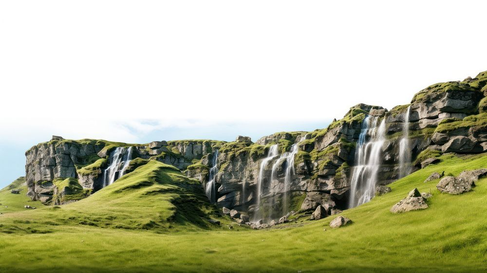 PNG Rocky cliff water fall grass field landscape.