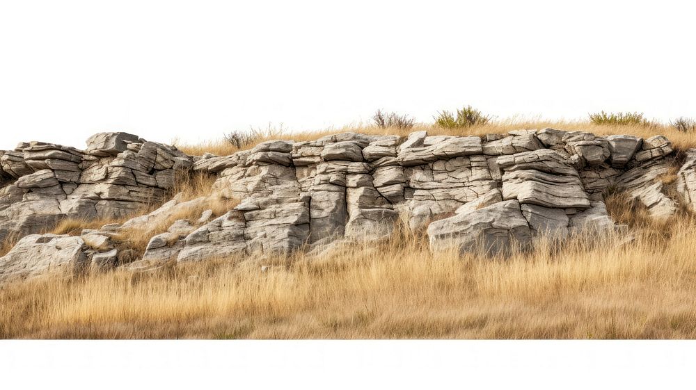 Rocky hilly dry grassfields outdoors nature white background.