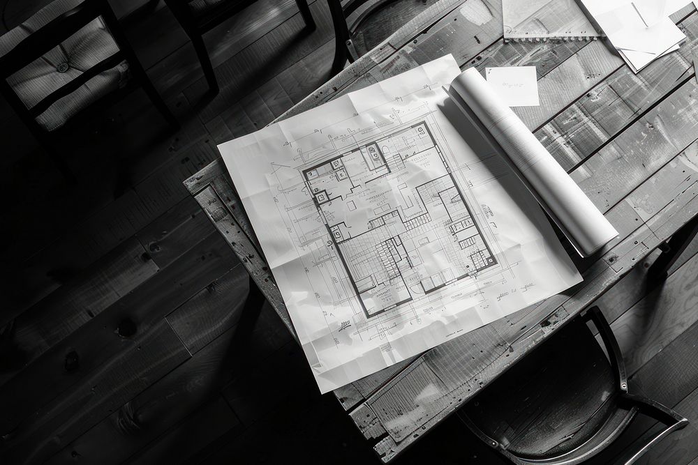 Architectural plan on table furniture architecture monochrome.