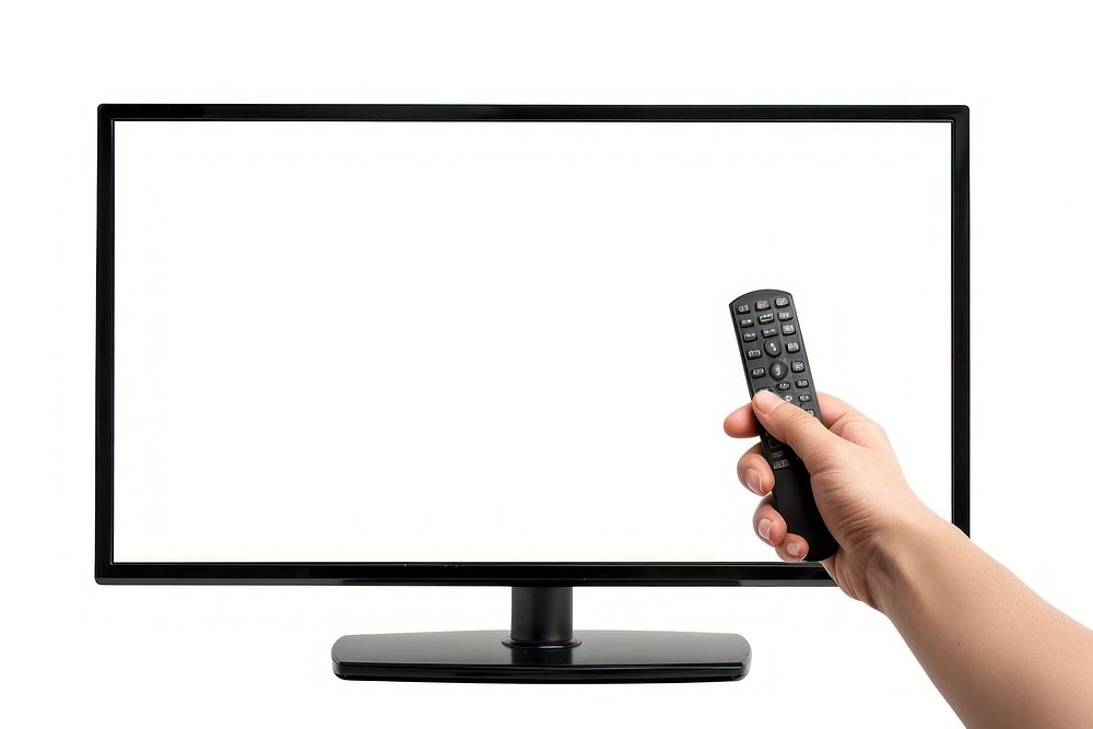 Hand with remote and black flat tv screen computer monitor display panel with blank empty picture television white…