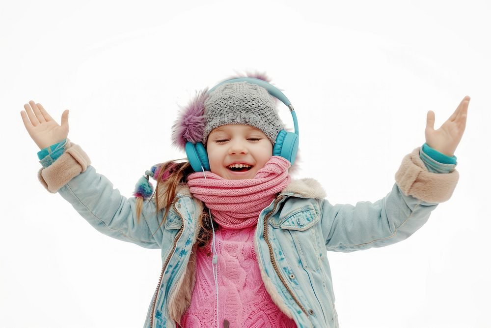 Kid wearing music head phone smiling white background excitement.