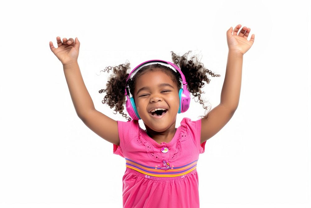 Kid wearing music head phone smiling dancing child.