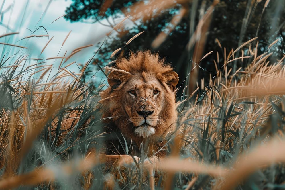 Lion in high grass wildlife outdoors mammal.