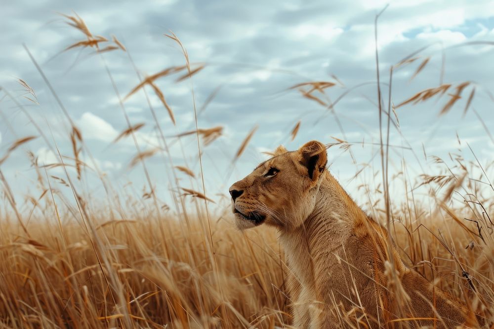 Lion in high grass grassland wildlife outdoors.