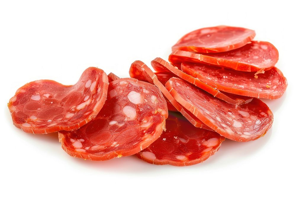 Pepperoni slice meat food white background.