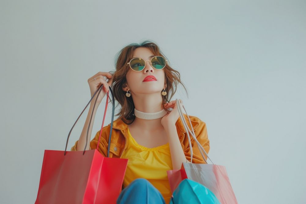 Shopaholic woman with shopping bags handbag consumerism accessories.