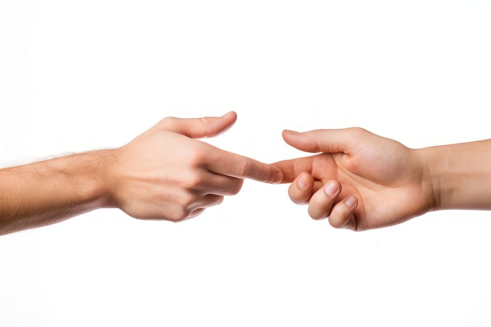 Two male hands trying to touch like in the creation of Adam finger white background togetherness.