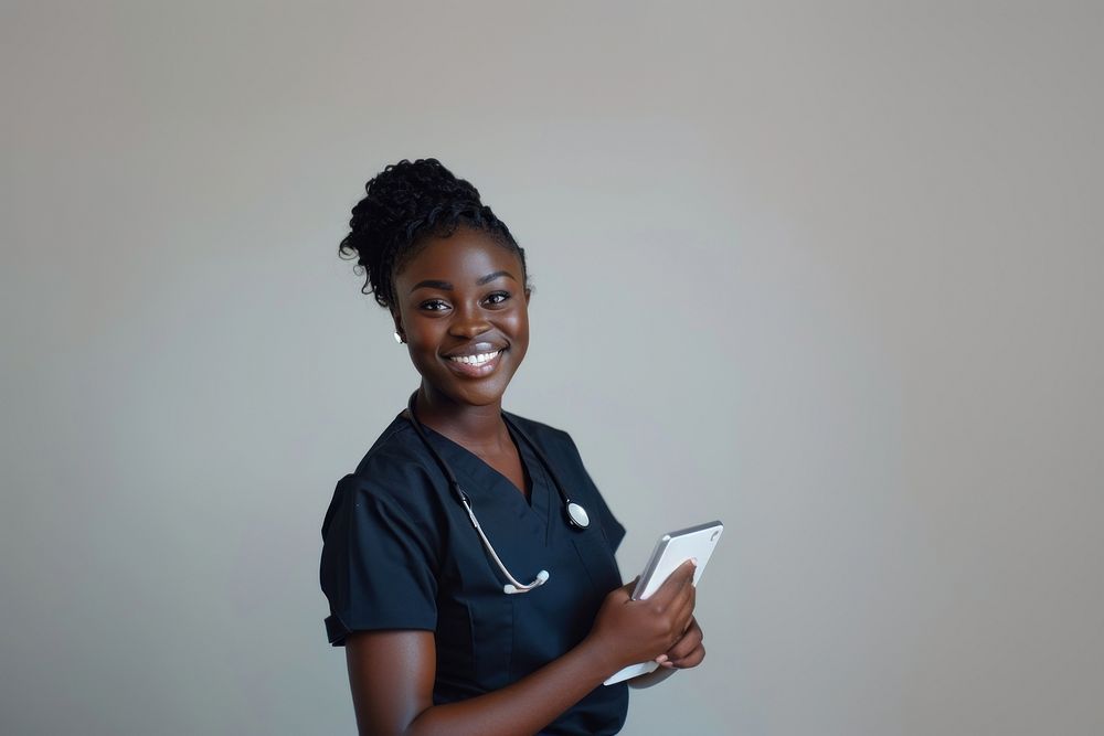 Tablet and black woman nurse smiling stethoscope electronics.