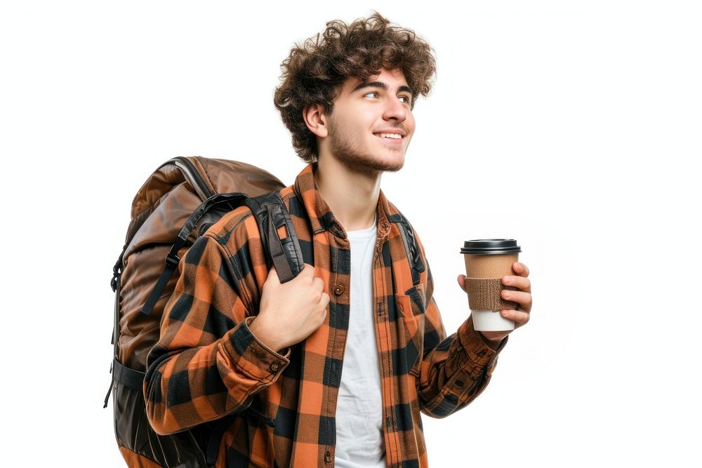 Young handsome man with backpack portrait coffee photo.
