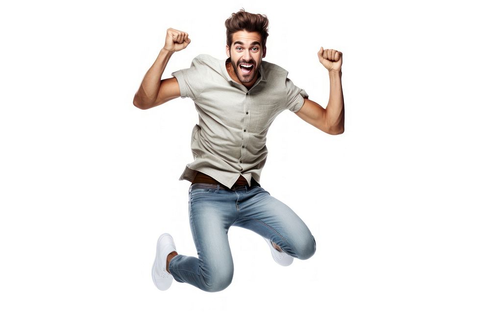 Young happy excited smiling positive man jumping shouting adult white background.