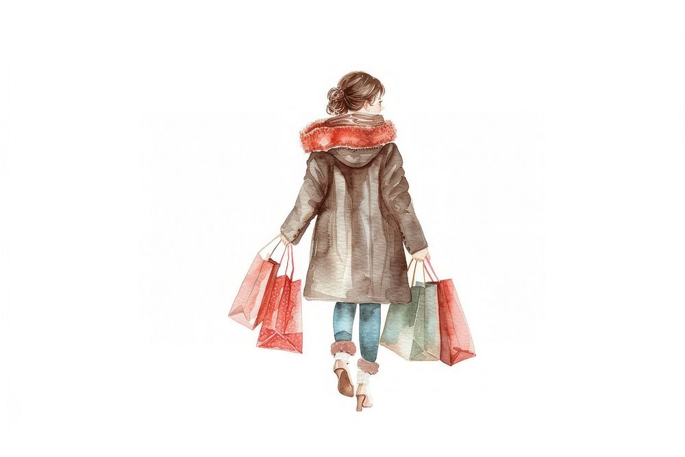 Shopaholic woman with shopping bags coat white background consumerism.
