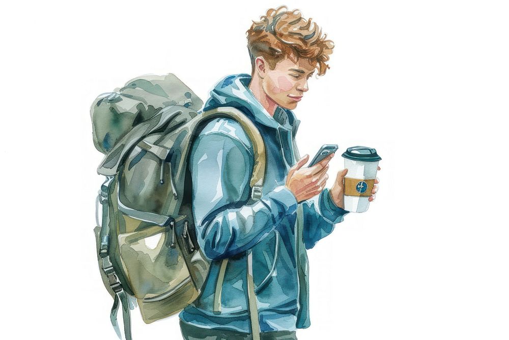 Young handsome man with backpack holding coffee cup.