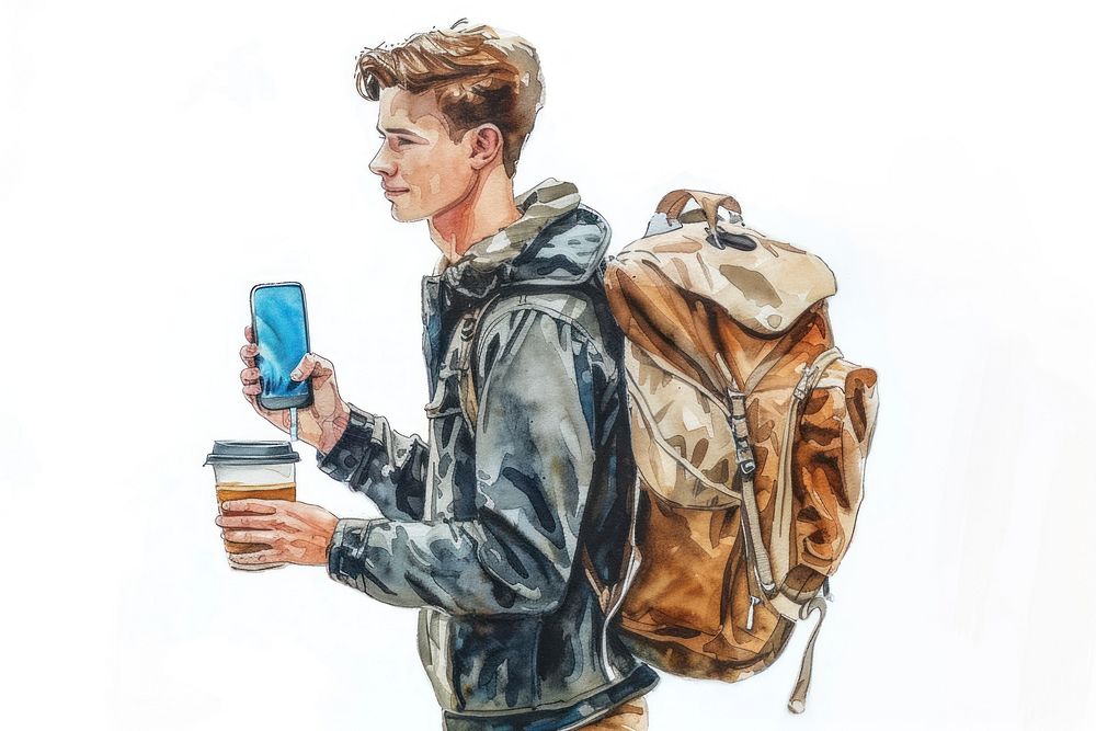 Young handsome man with backpack holding adult phone.