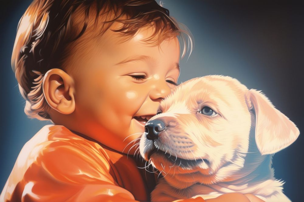 A baby boy hugging dog portrait mammal animal.