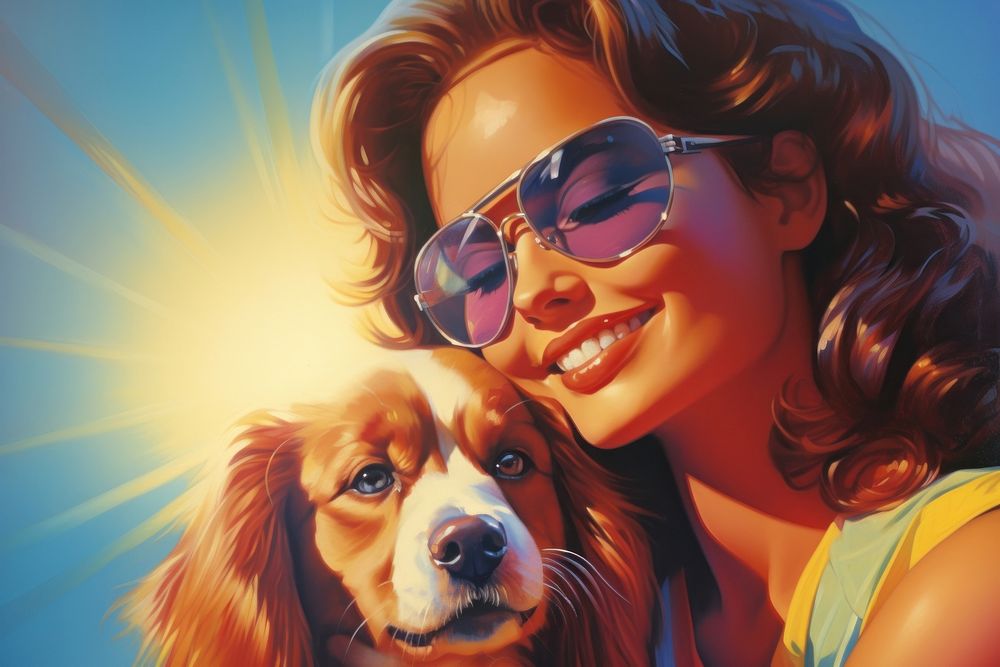 Woman hugging dog sunglasses portrait mammal.