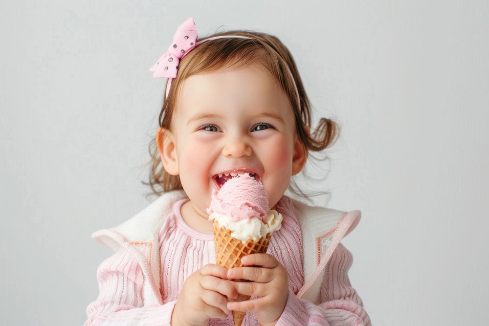 Baby girl eating ice cream cheerful dessert food.