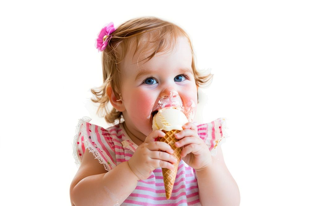 Baby girl eating ice cream dessert food cone.