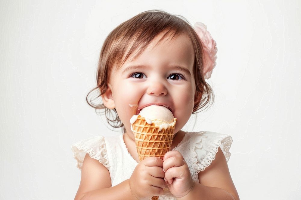 Baby girl eating ice cream cheerful dessert waffle.