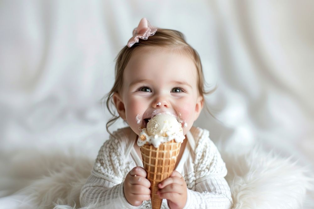 Baby girl eating ice cream cheerful dessert food.