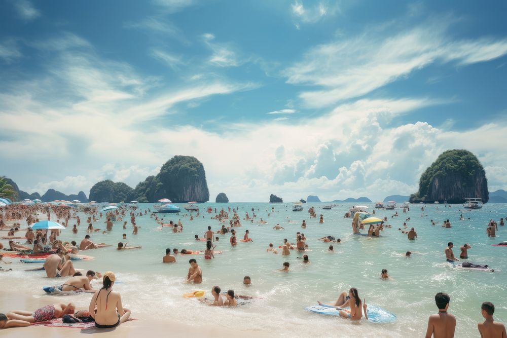 Crowded at beach in Thailand background swimming outdoors vacation.